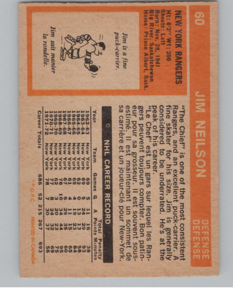 1972-73 O-Pee-Chee #60 Jim Neilson New York Rangers V99392 Image 2