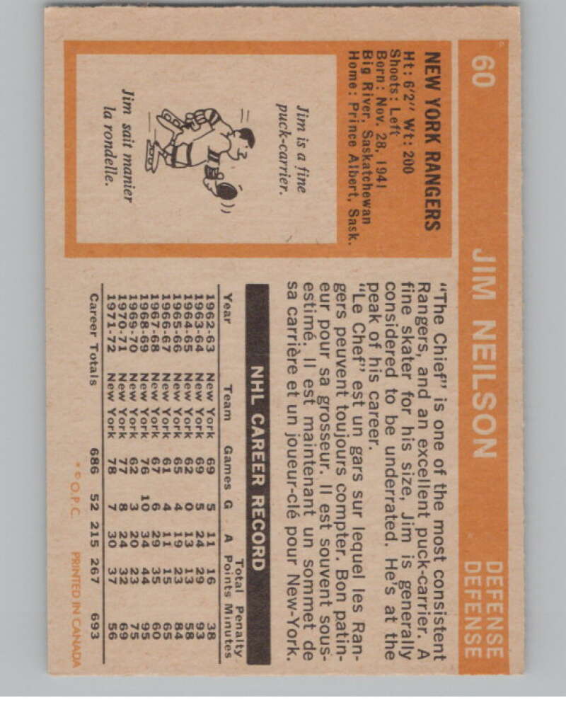 1972-73 O-Pee-Chee #60 Jim Neilson New York Rangers V99393 Image 2