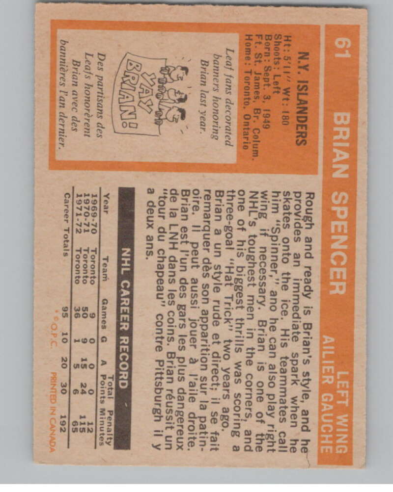 1972-73 O-Pee-Chee #61 Brian Spencer New York Islanders V99394 Image 2
