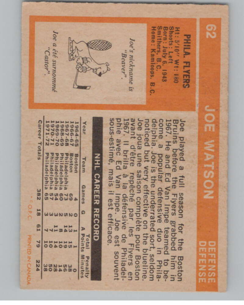 1972-73 O-Pee-Chee #62 Joe Watson Philadelphia Flyers V99396 Image 2