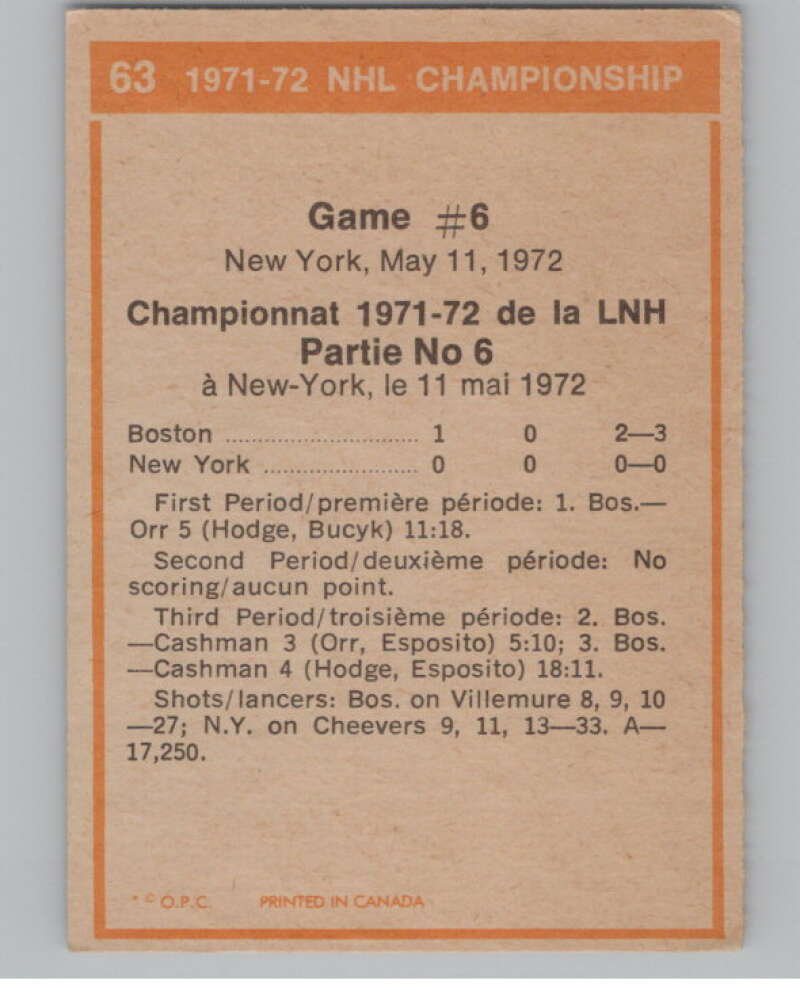 1972-73 O-Pee-Chee #63 Playoff Games 6 Bruins/Rangers V99399 Image 2