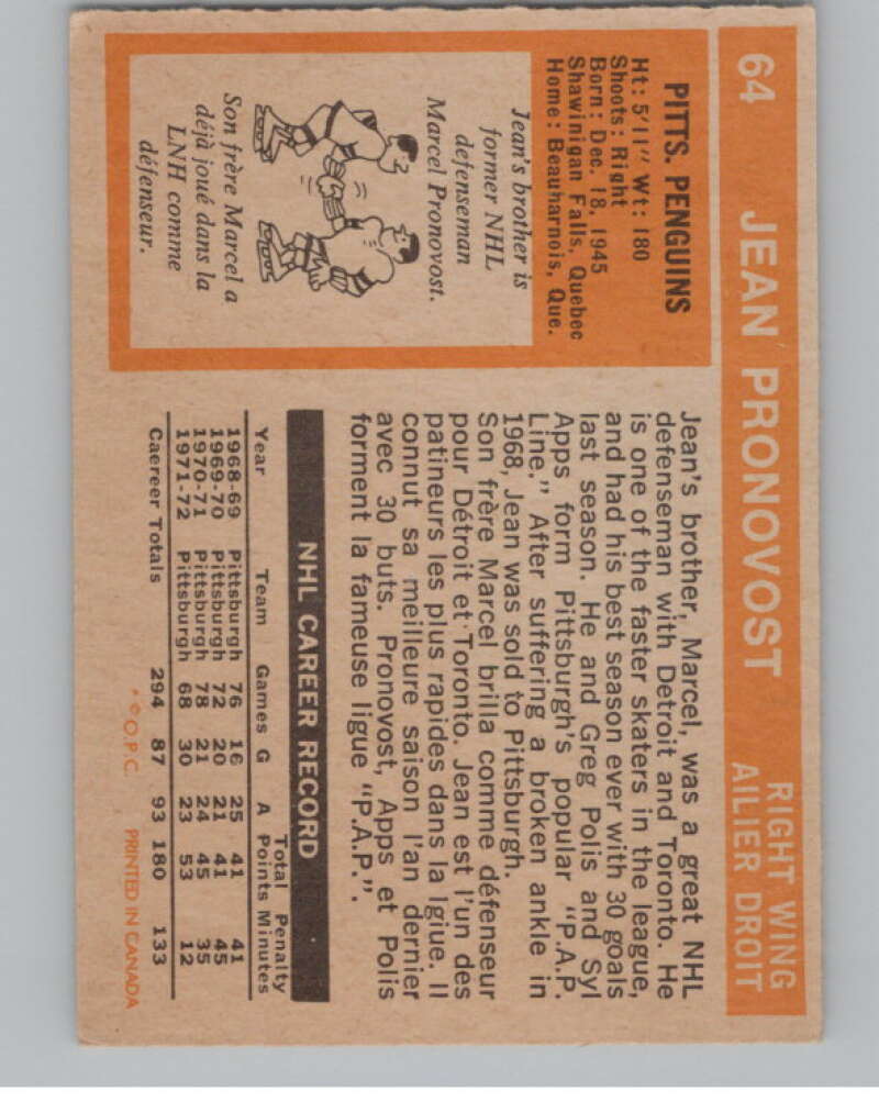1972-73 O-Pee-Chee #64 Jean Pronovost Pittsburgh Penguins V99401 Image 2