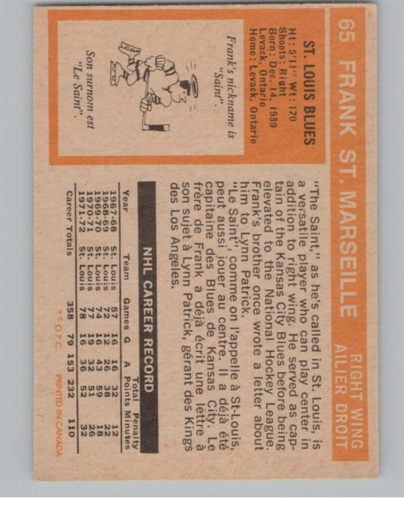 1972-73 O-Pee-Chee #65 Frank St. Marseille St. Louis Blues V99402 Image 2