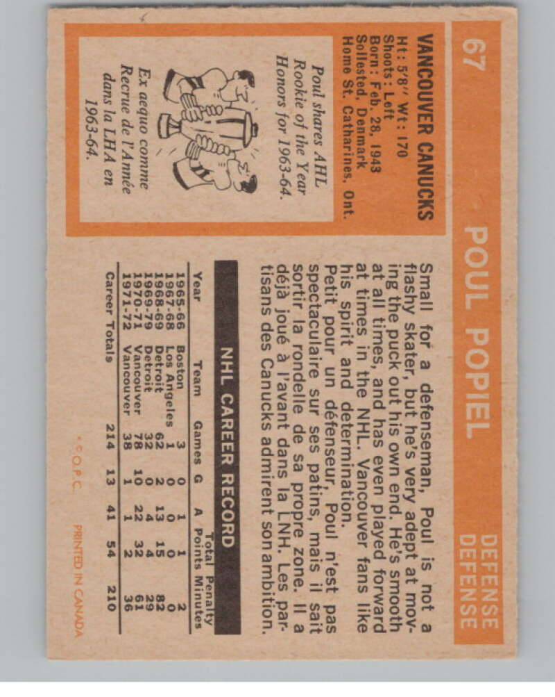1972-73 O-Pee-Chee #67 Poul Popiel Vancouver Canucks V99404 Image 2