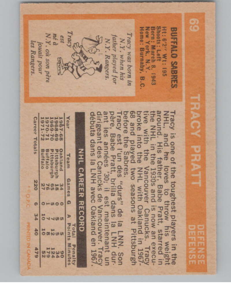 1972-73 O-Pee-Chee #69 Tracy Pratt Buffalo Sabres V99407 Image 2