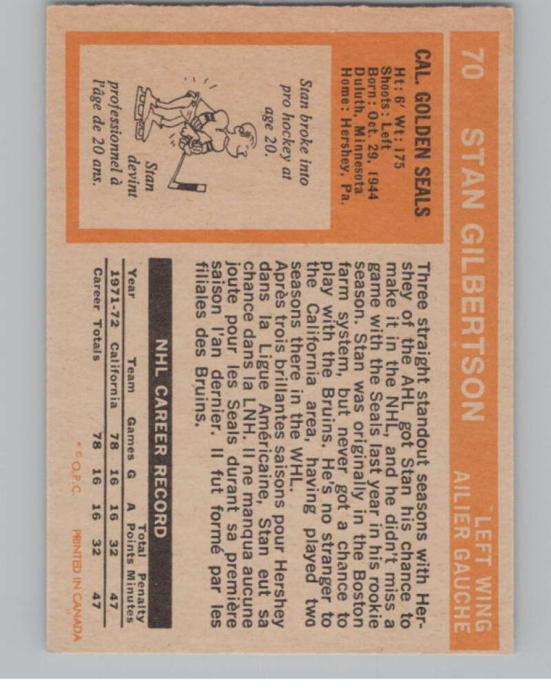 1972-73 O-Pee-Chee #70 Stan Gilbertson California Golden Seals V99411 Image 2