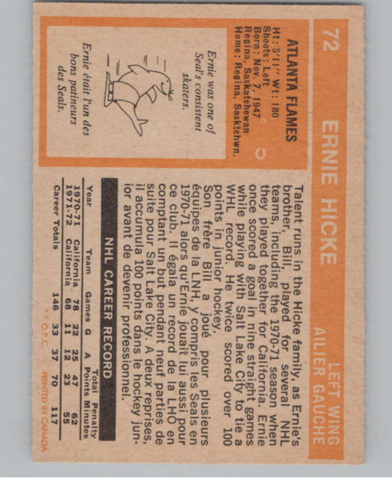 1972-73 O-Pee-Chee #72 Ernie Hicke Atlanta Flames V99414 Image 2