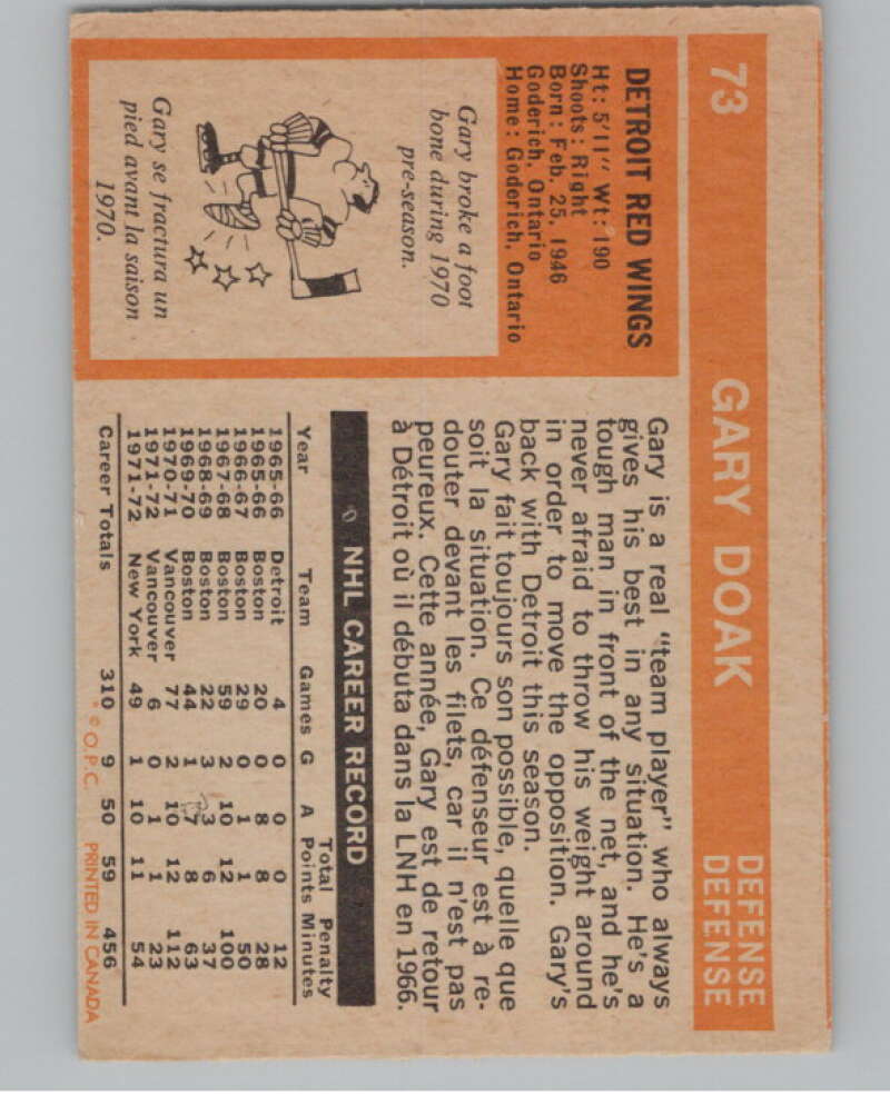 1972-73 O-Pee-Chee #73 Gary Doak Detroit Red Wings V99415 Image 2