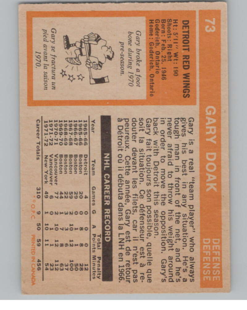1972-73 O-Pee-Chee #73 Gary Doak Detroit Red Wings V99416 Image 2