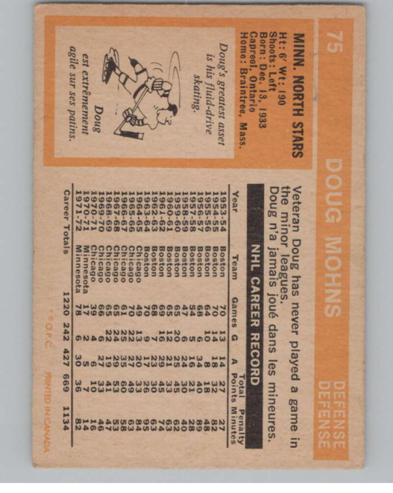 1972-73 O-Pee-Chee #75 Doug Mohns Minnesota North Stars V99422 Image 2