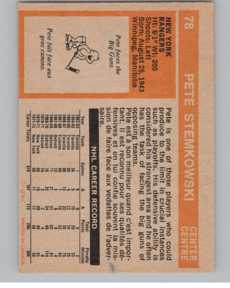 1972-73 O-Pee-Chee #78 Pete Stemkowski New York Rangers V99425 Image 2