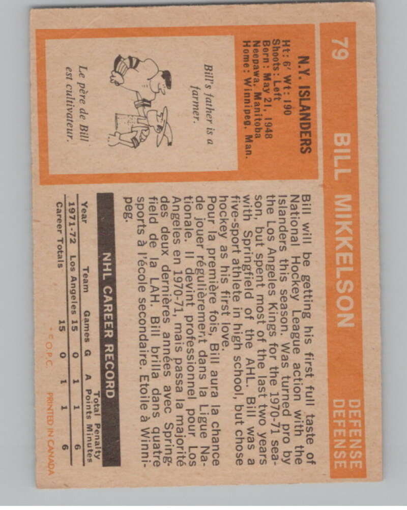 1972-73 O-Pee-Chee #79 Bill Mikkelson RC Rookie New York Islanders V99429 Image 2
