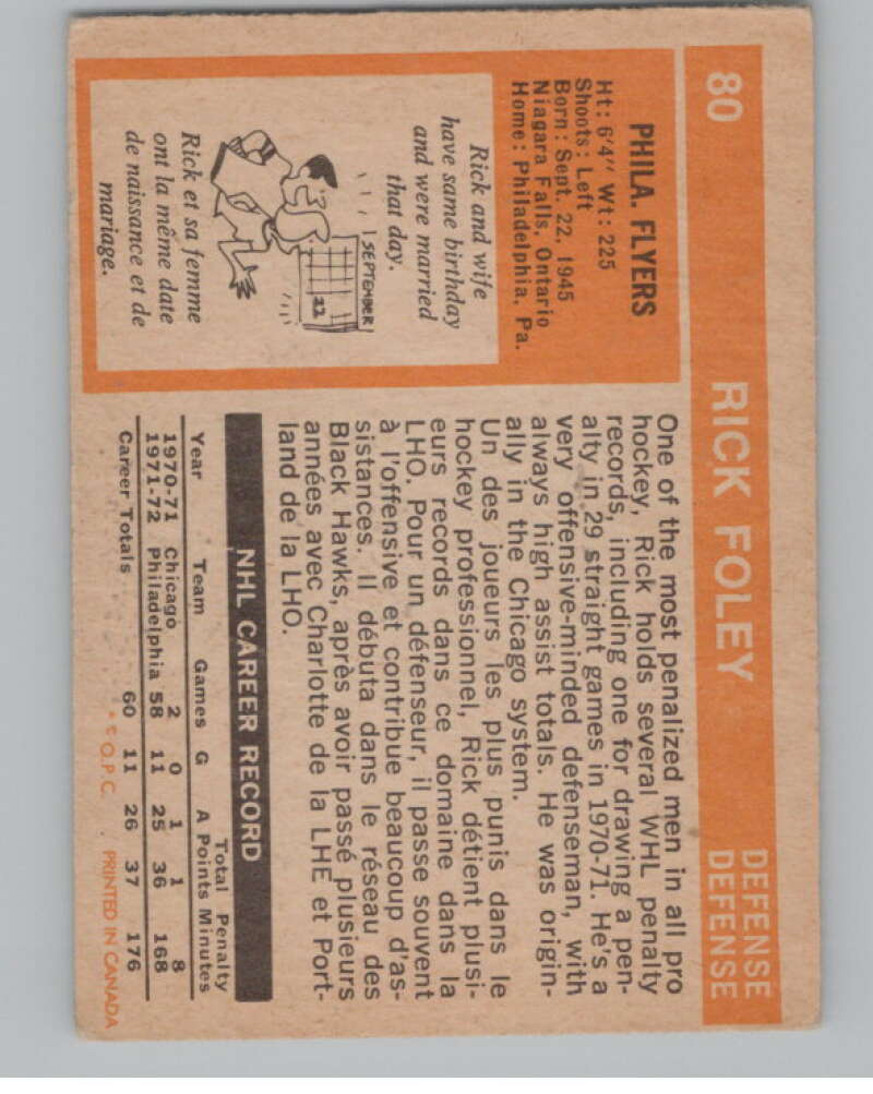 1972-73 O-Pee-Chee #80 Rick Foley RC Rookie Philadelphia Flyers V99430 Image 2