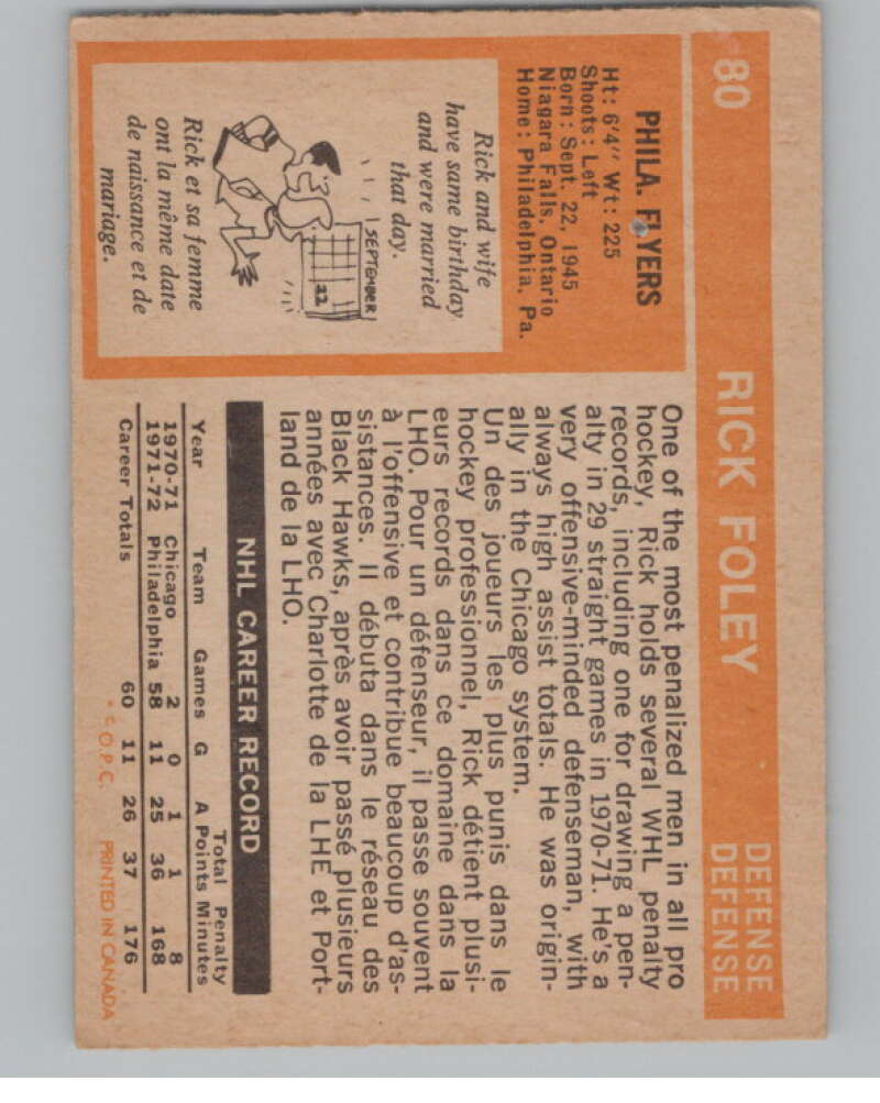 1972-73 O-Pee-Chee #80 Rick Foley RC Rookie Philadelphia Flyers V99431 Image 2