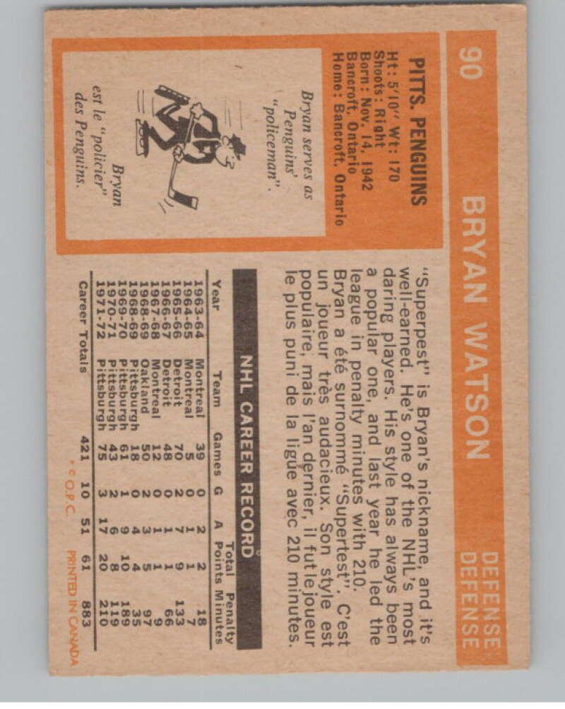 1972-73 O-Pee-Chee #90 Bryan Watson Pittsburgh Penguins V99447 Image 2