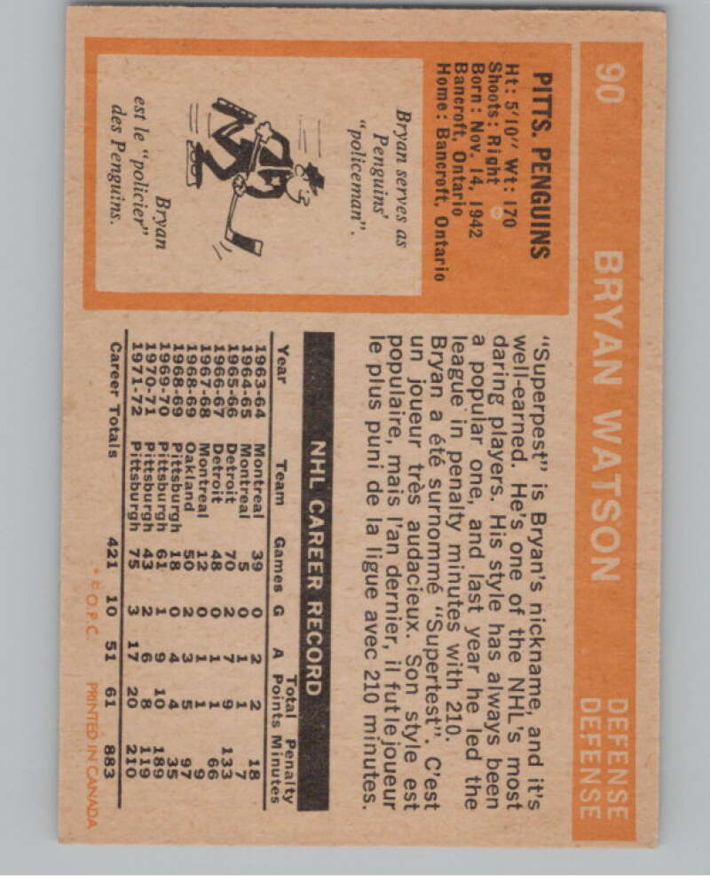 1972-73 O-Pee-Chee #90 Bryan Watson Pittsburgh Penguins V99448 Image 2
