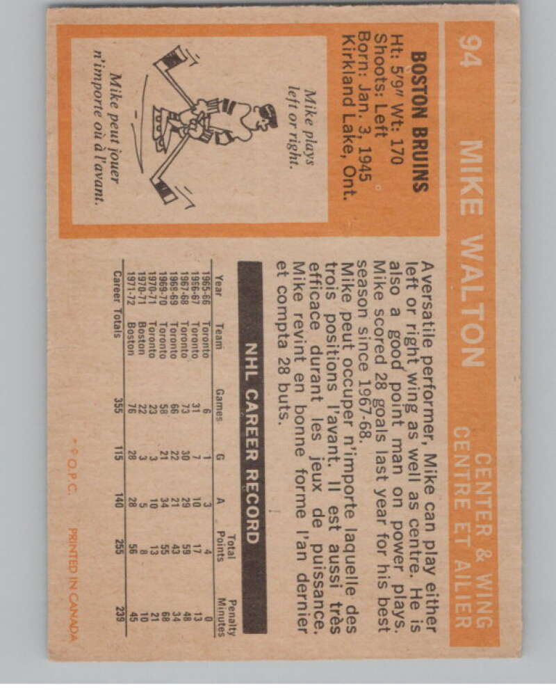 1972-73 O-Pee-Chee #94 Mike Walton Boston Bruins V99454 Image 2