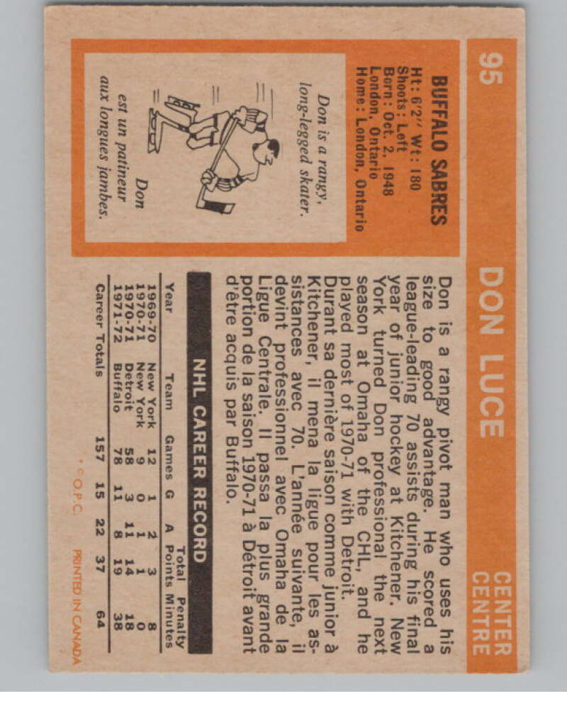1972-73 O-Pee-Chee #95 Don Luce Buffalo Sabres V99455 Image 2