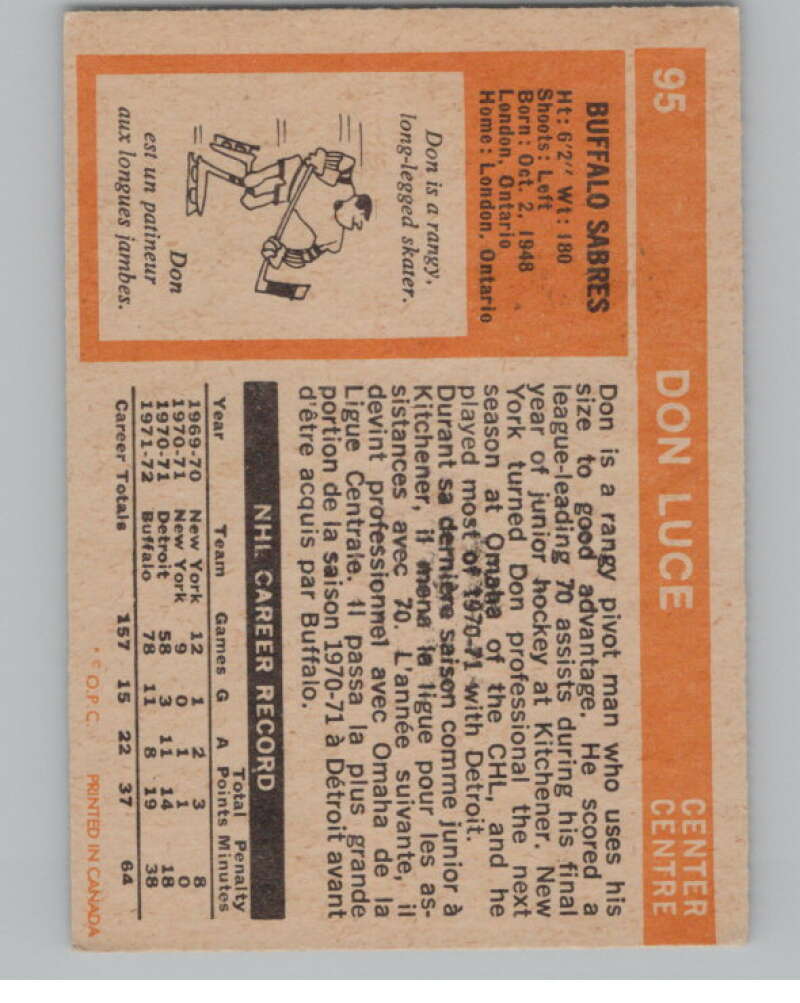 1972-73 O-Pee-Chee #95 Don Luce Buffalo Sabres V99456 Image 2