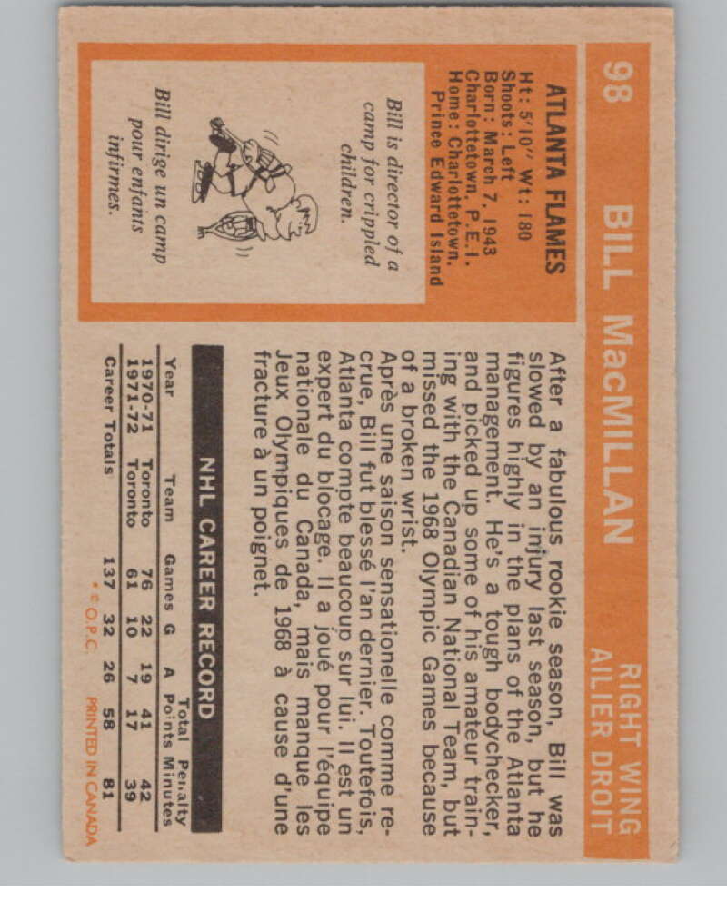 1972-73 O-Pee-Chee #98 Bill MacMillan RC Rookie Atlanta Flames V99460 Image 2
