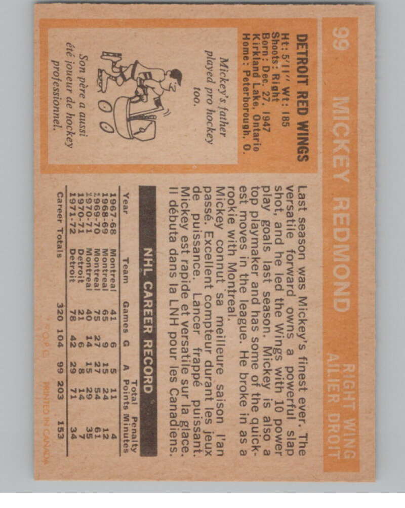 1972-73 O-Pee-Chee #99 Mickey Redmond Detroit Red Wings V99462 Image 2