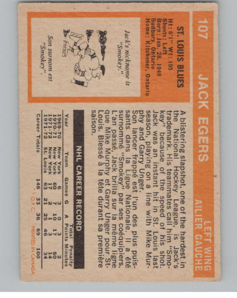 1972-73 O-Pee-Chee #107 Jack Egers RC Rookie St. Louis Blues V99476 Image 2