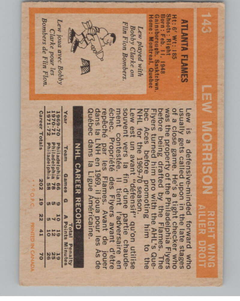 1972-73 O-Pee-Chee #143 Lew Morrison Atlanta Flames V99508 Image 2