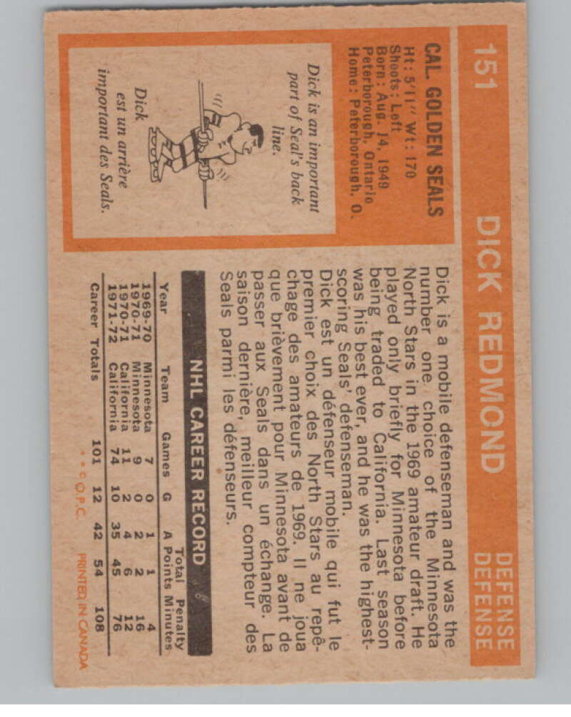 1972-73 O-Pee-Chee #151 Dick Redmond California Golden Seals V99521 Image 2