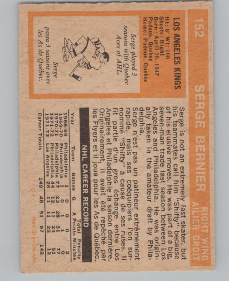 1972-73 O-Pee-Chee #152 Serge Bernier Los Angeles Kings V99524 Image 2