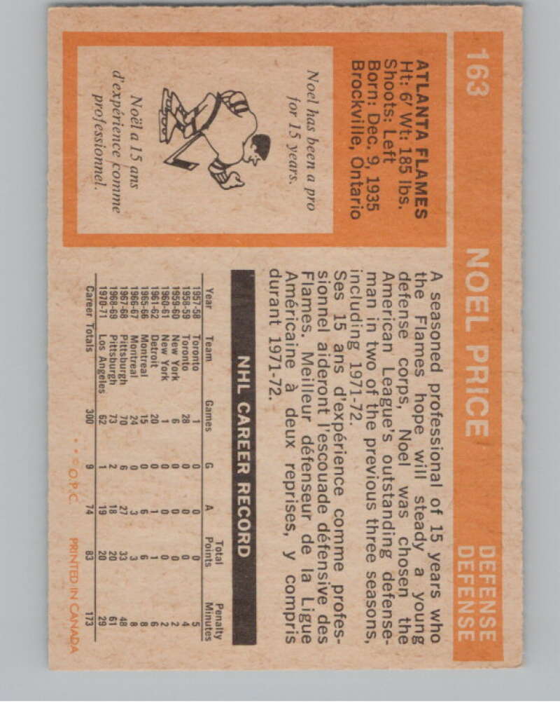 1972-73 O-Pee-Chee #163 Noel Price Atlanta Flames V99540 Image 2