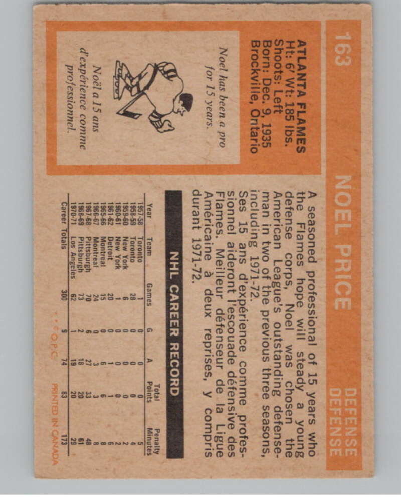 1972-73 O-Pee-Chee #163 Noel Price Atlanta Flames V99541 Image 2