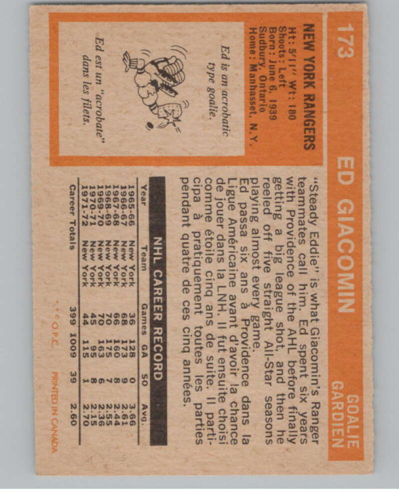 1972-73 O-Pee-Chee #173 Ed Giacomin New York Rangers V99558 Image 2