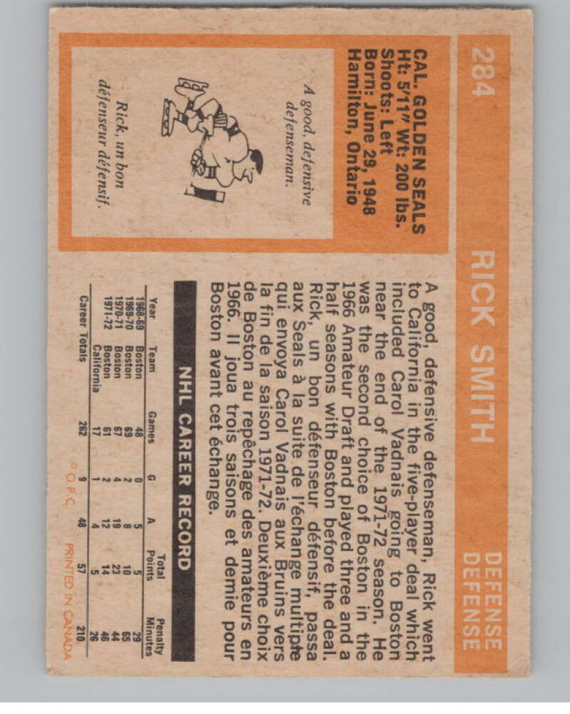 1972-73 O-Pee-Chee #284 Rick Smith California Golden Seals V99605 Image 2