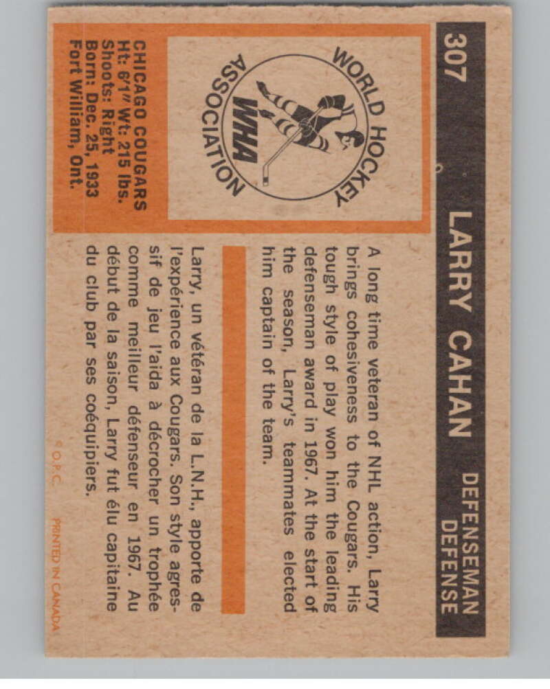 1972-73 O-Pee-Chee #307 Larry Cahan Chicago Cougars V99606 Image 2