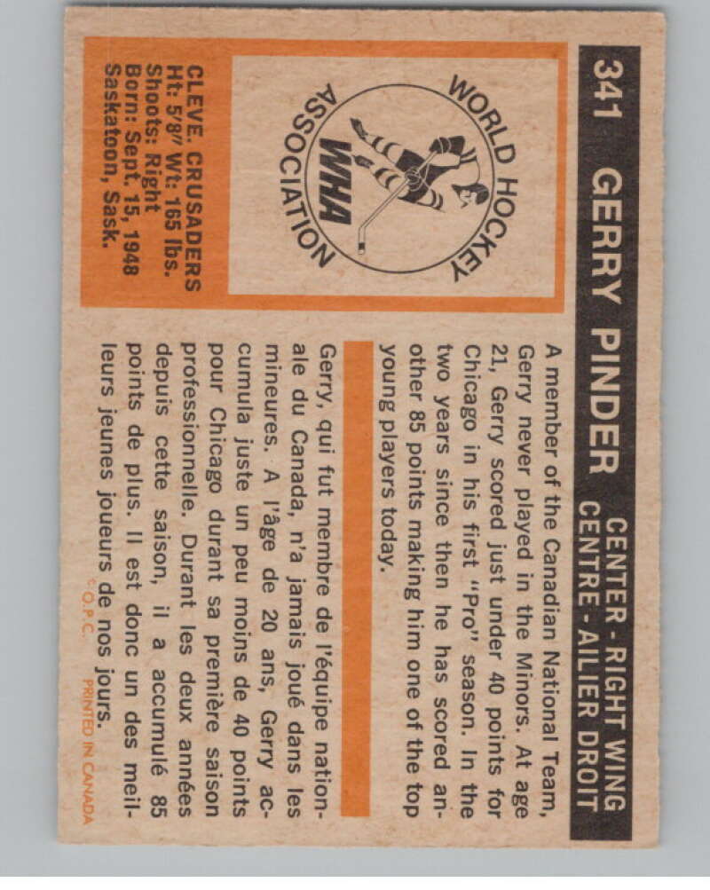 1972-73 O-Pee-Chee #341 Gerry Pinder Cleveland Crusaders V99608 Image 2