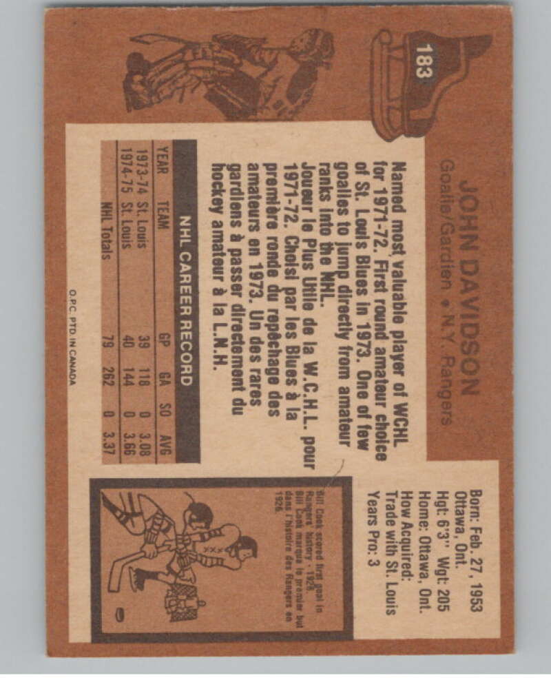 1975-76 O-Pee-Chee #183 John Davidson New York Rangers V99619 Image 2