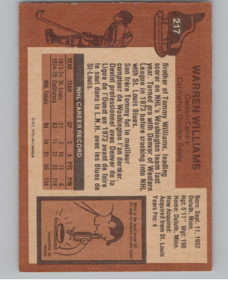 1975-76 O-Pee-Chee #217 Butch Williams RC Rookie Golden Seals V99622 Image 2