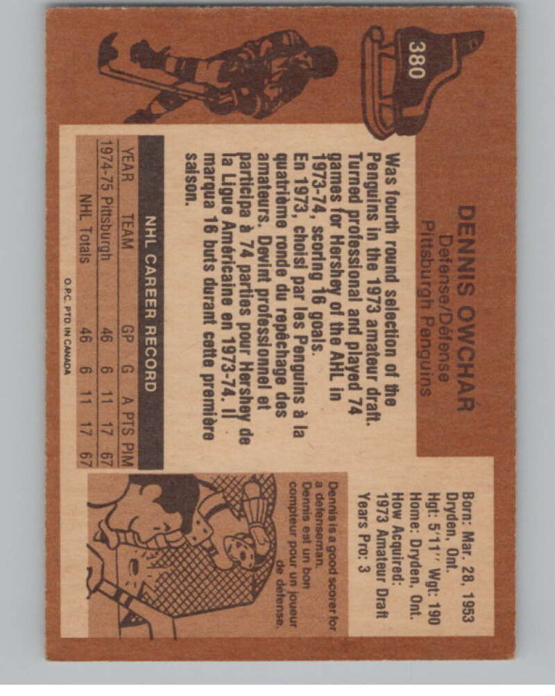 1975-76 O-Pee-Chee #380 Dennis Owchar RC Rookie Pittsburgh Penguins V99639 Image 2