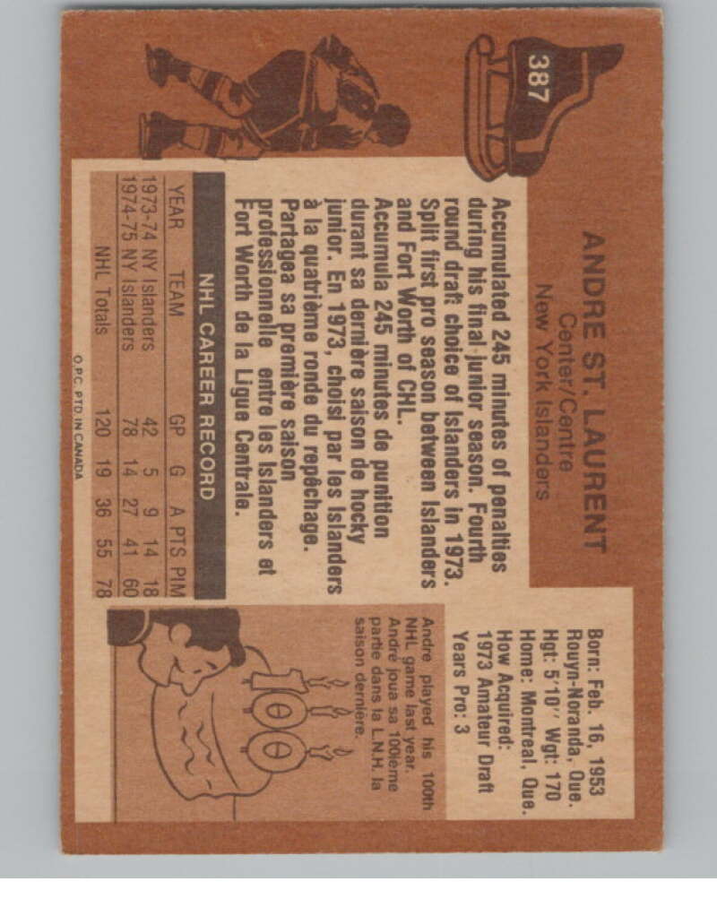 1975-76 O-Pee-Chee #387 Andre St. Laurent RC Rookie New York Islanders V99641 Image 2