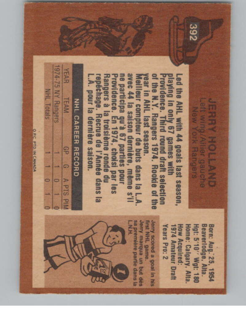 1975-76 O-Pee-Chee #392 Jerry Holland RC Rookie New York Rangers V99642 Image 2