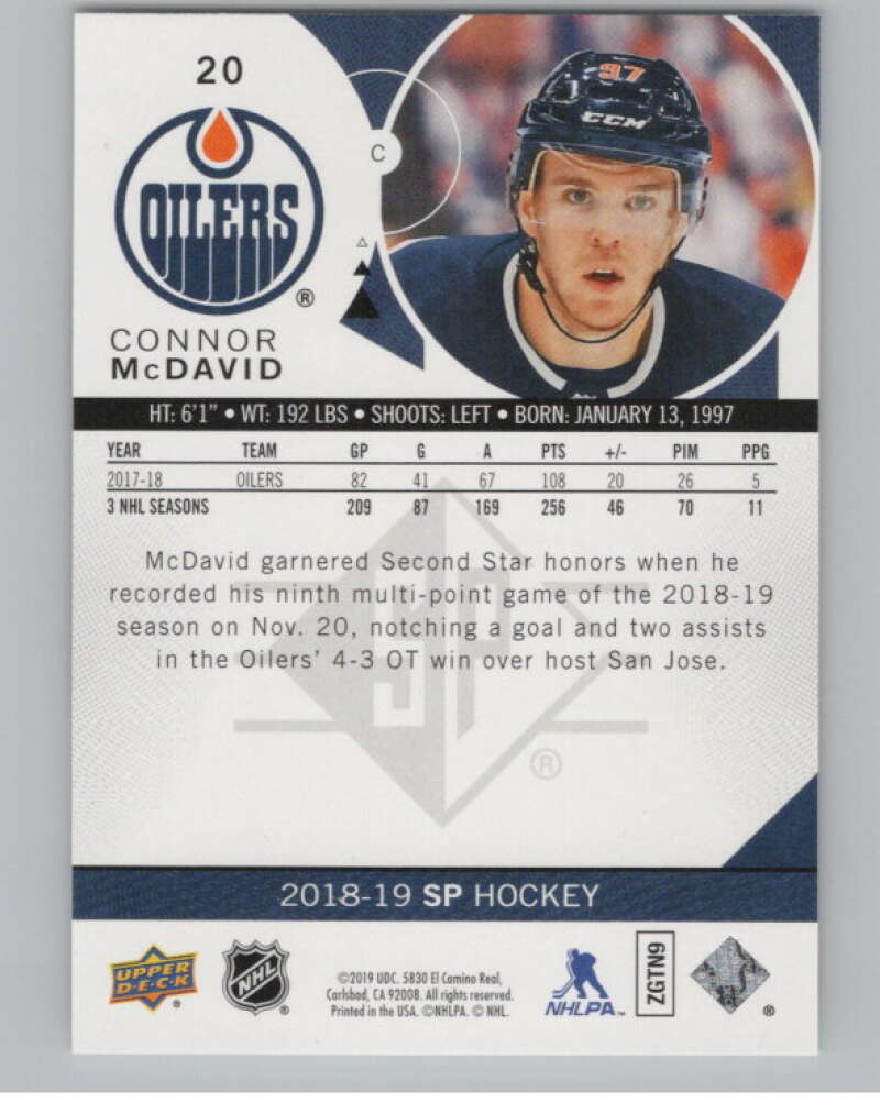 2018-19 SP Authentic #20 Connor McDavid Edmonton Oilers V99679 Image 2