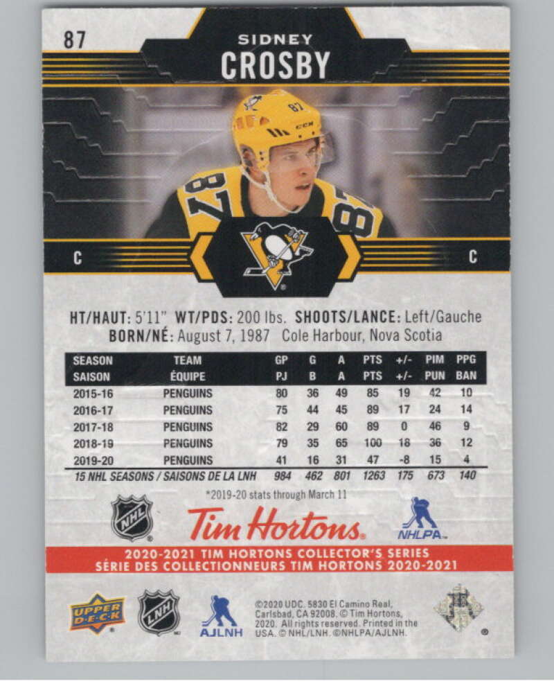 2020-21 Upper Deck Tim Hortons #87 Sidney Crosby Pittsburgh Penguins V100124 Image 2