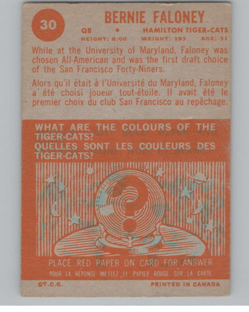 1964 Topps CFL #30 Bernie Faloney Tiger Cats 100988 Image 2