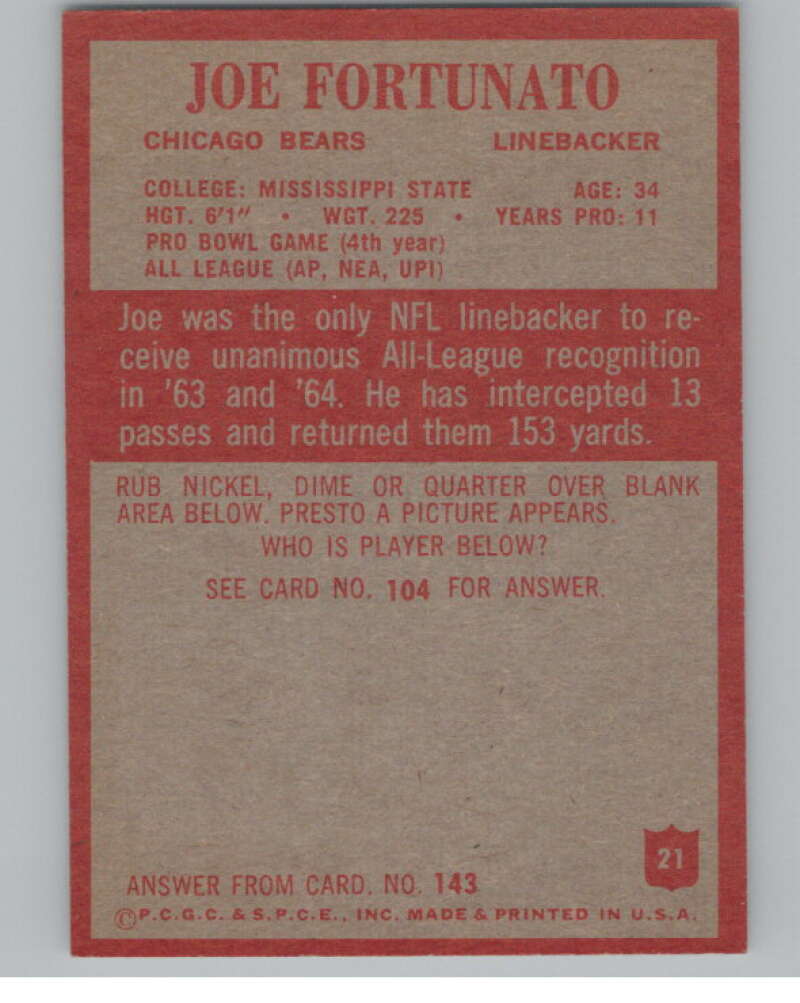 1965 Philadelphia #21 Joe Fortunato Chicago Bears 100998 Image 2