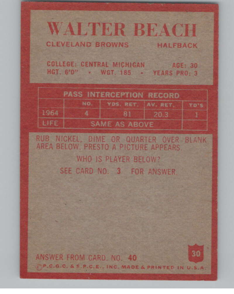 1965 Philadelphia #30 Walter Beach Cleveland Browns 100999 Image 2