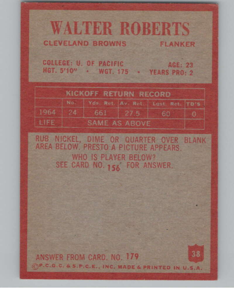 1965 Philadelphia #38 Walter Roberts Cleveland Browns 101000 Image 2