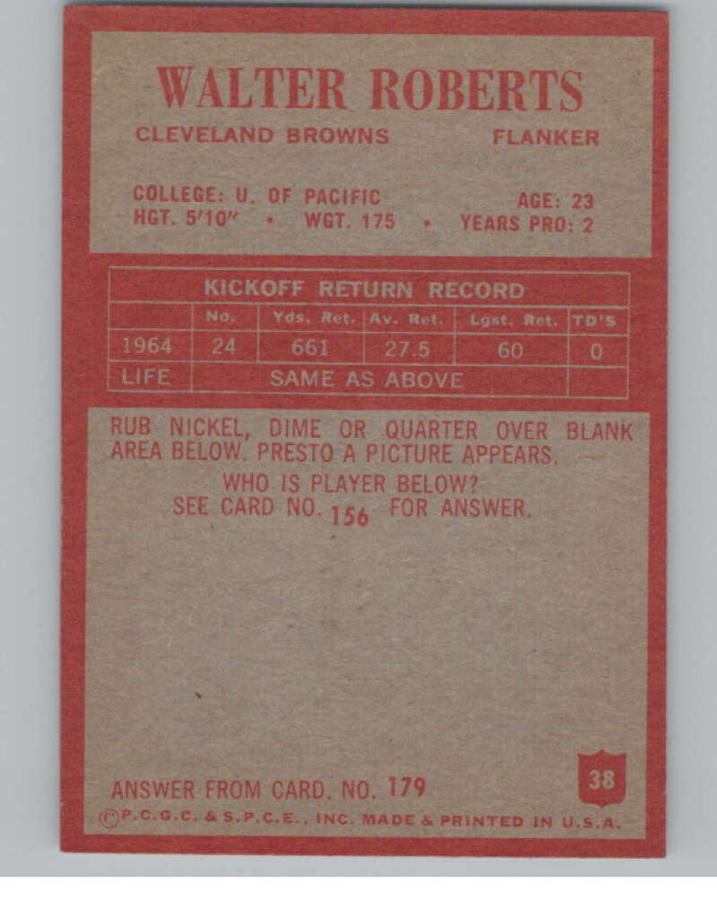 1965 Philadelphia #38 Walter Roberts Cleveland Browns 101001 Image 2