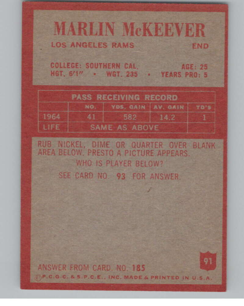 1965 Philadelphia #91 Marlin McKeever Los Angeles Rams 101002 Image 2