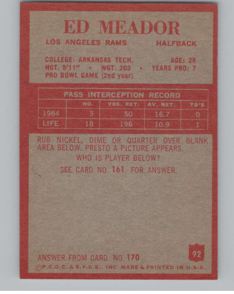 1965 Philadelphia #92 Ed Meador Los Angeles Rams 101003 Image 2