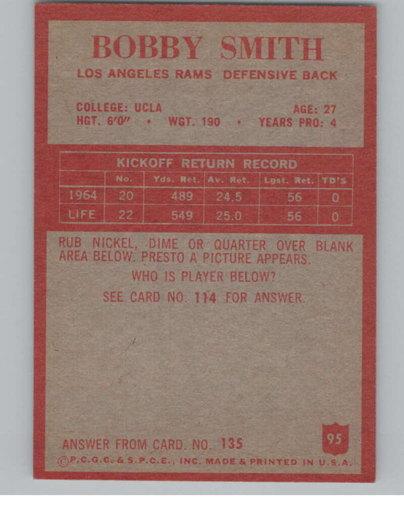 1965 Philadelphia #95 Bobby Smith Los Angeles Rams 101004 Image 2